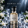 A 50ml glass perfume bottle labeled 'Hawas Ice' by Hawas Ice, surrounded by ice cubes, white flowers, and misty light rays against a dark blue background.