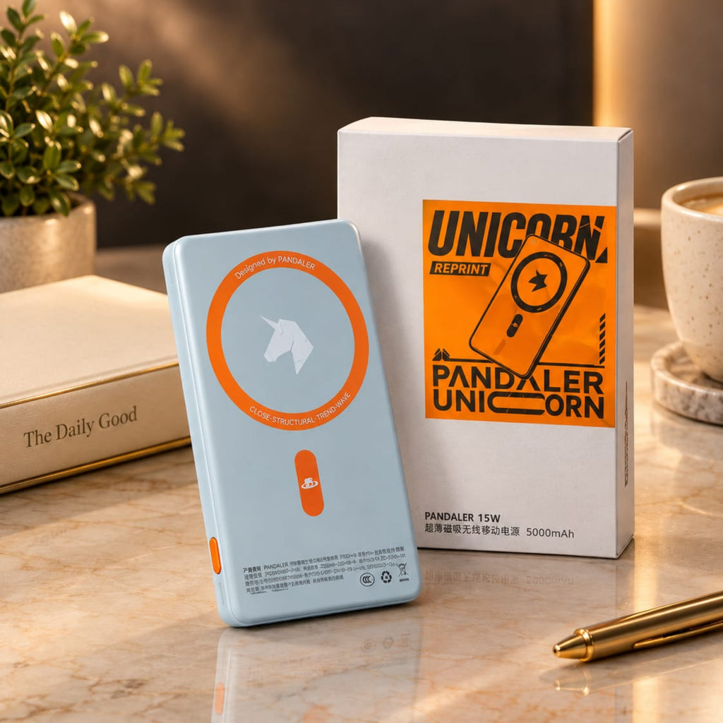 A light blue portable power bank with an orange circular logo stands in front of its white product box on a marble desk. The box features an orange and black 'Unicorn Report' logo and reads 'Pandaler Unicorn'.