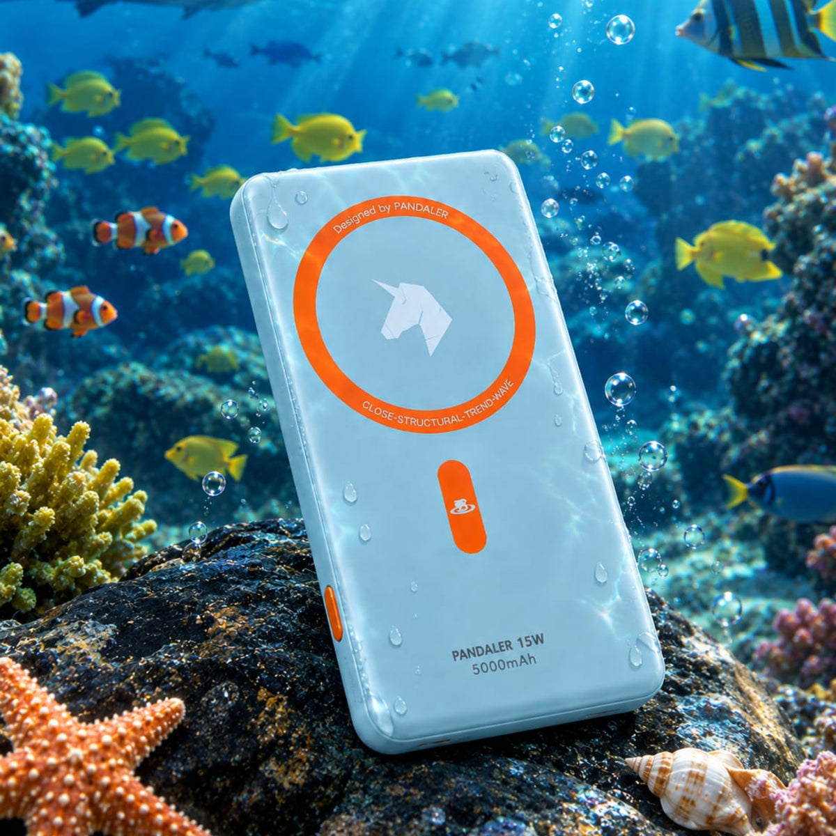 A portable power bank floating underwater on a rock, surrounded by colorful coral, fish, and marine life. The device is light blue with a prominent orange circular logo and button on the front.