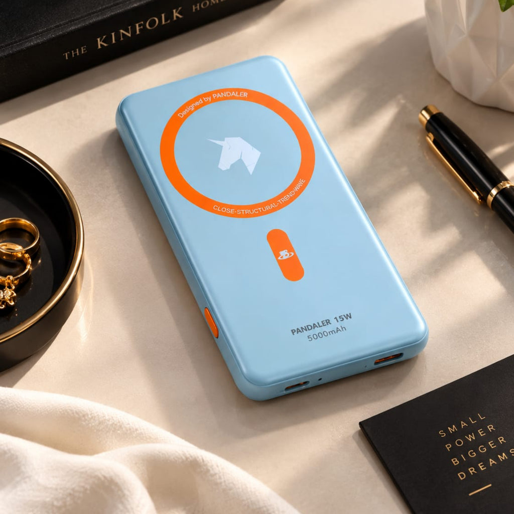 A light blue portable power bank with orange accents and a horse logo, styled on a beige tabletop with a book, plant, pen, and jewelry nearby.