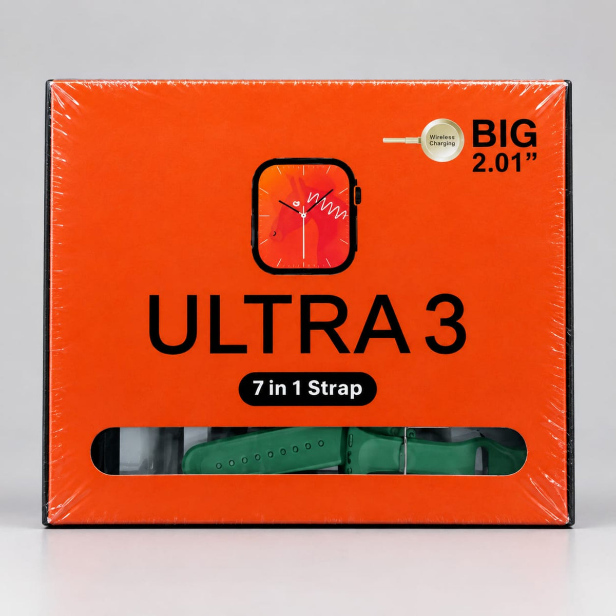 Orange retail box for a smartwatch strap, labeled 'ULTRA 3' and '7 in 1 Strap', with a visible green watch strap through the window and a small badge reading 'BIG 2.01"'.