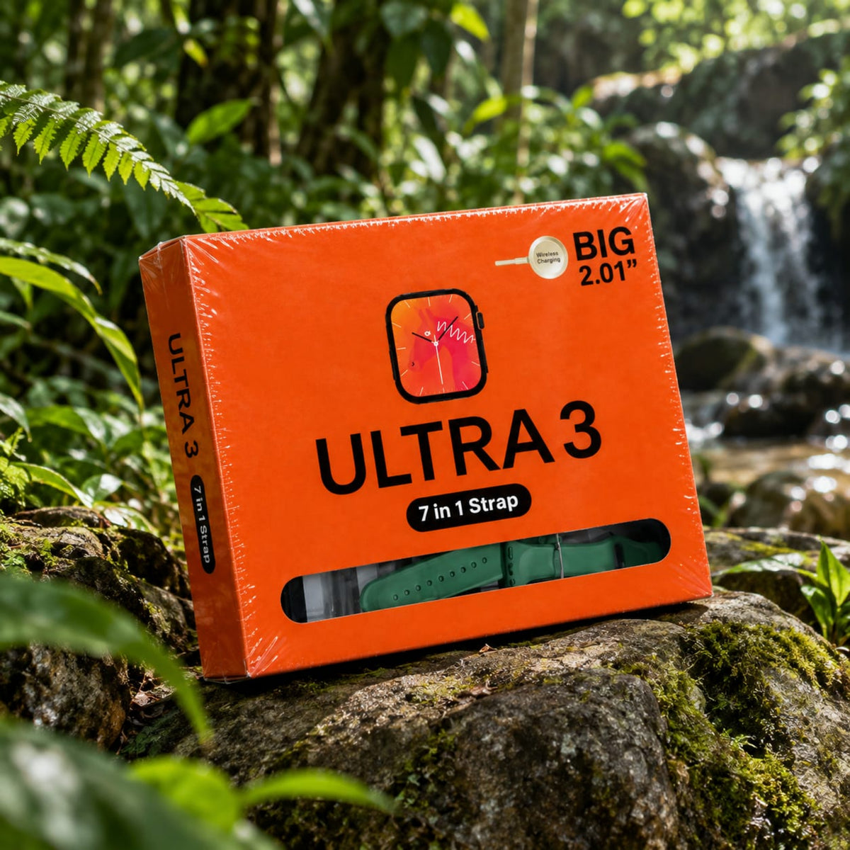 An orange retail box for a smartwatch strap labeled ULTRA 3 and BIG 2.01" is placed on a mossy rock outdoors in a forest setting with green foliage and a waterfall in the background.