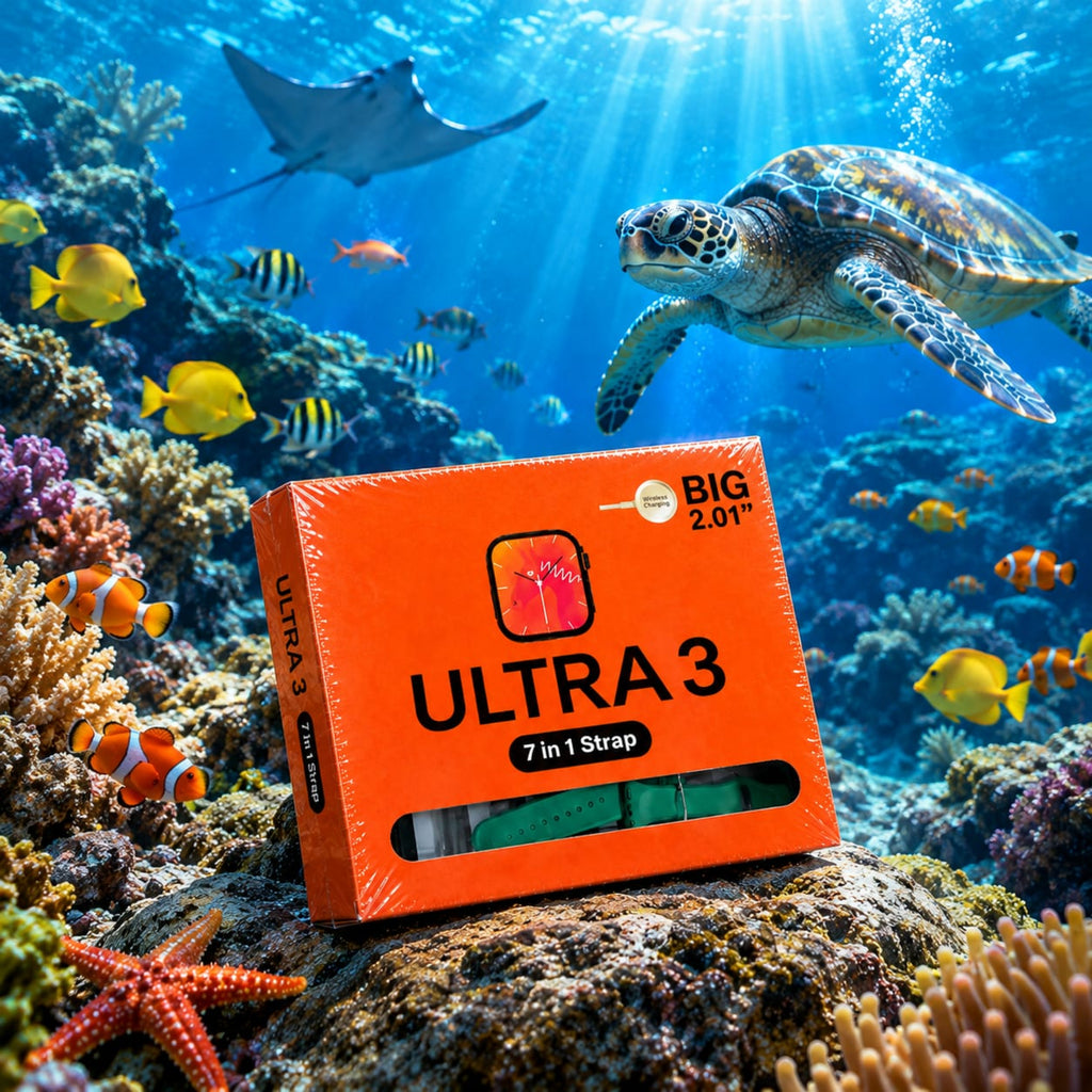 An orange box of Ultra 3 7-in-1 stretch straps is placed on a coral reef in an underwater ocean scene with a sea turtle, stingrays, and colorful fish swimming around it.