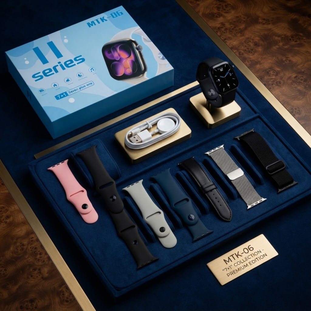 An MTK-06 Apple Watch Ultra 20mm collection tray displaying multiple watch bands in pink, black, light gray, navy, and silver, alongside a watch on a stand and its retail box.