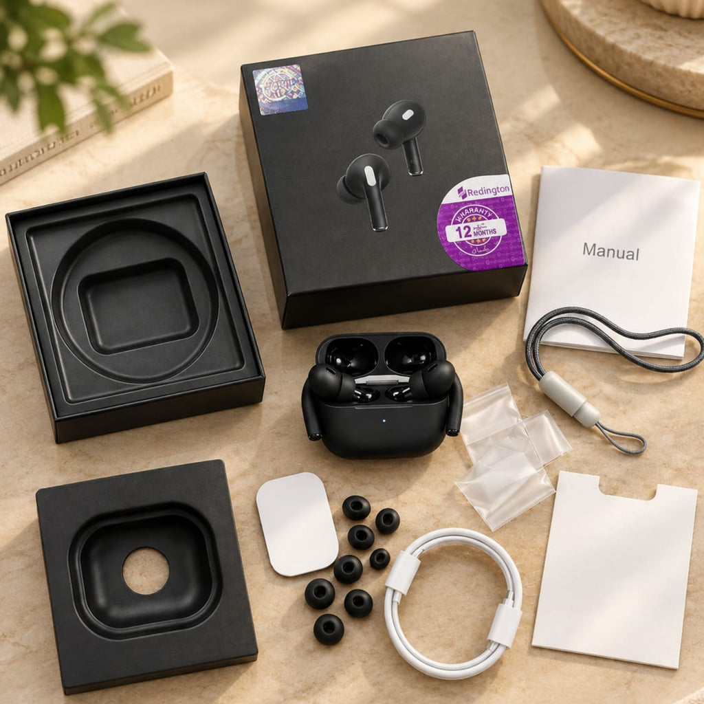 A pair of black wireless earbuds in an open charging case, displayed with accessories and packaging on a beige tabletop. The set includes a black retail box with earbud artwork, a manual, earbud cases, charging cable, ear tips, small plastic bags, and two black square inserts.