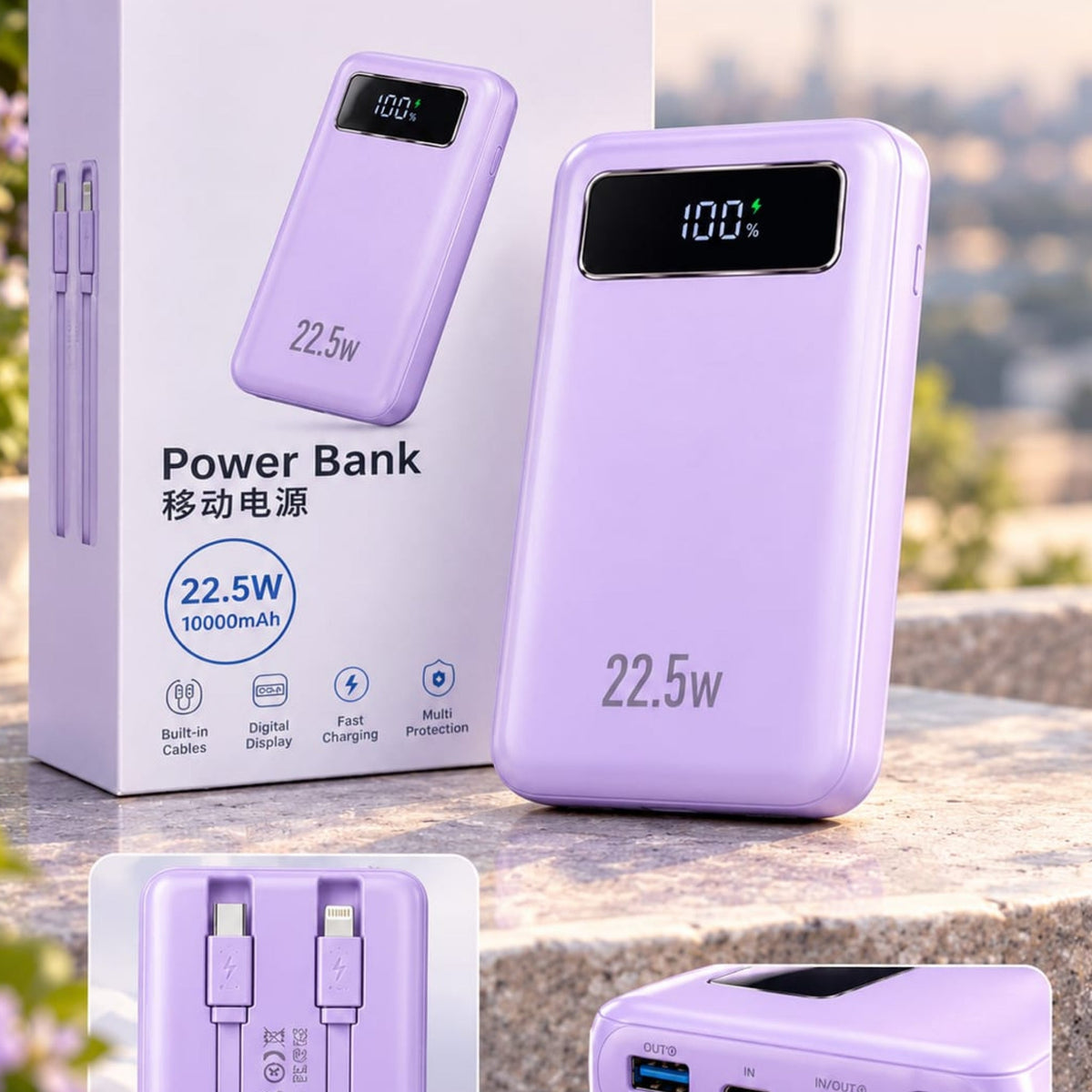 A lavender purple portable power bank shown next to its product box, with two inset detail views at the bottom showing the cable and the rear ports. The background is a blurred outdoor cityscape.