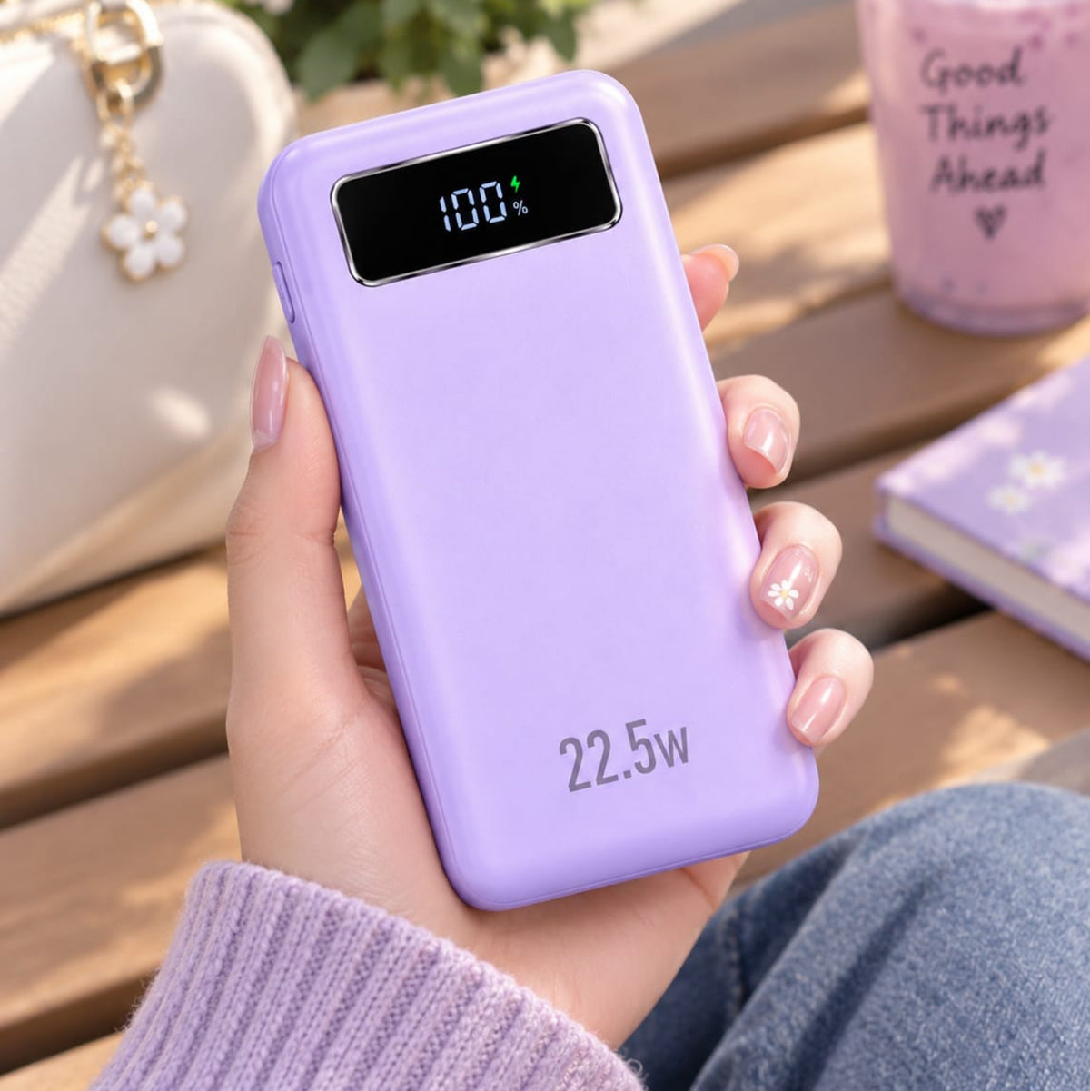 A hand holding a lavender purple portable power bank with a digital battery display showing 100% and '22.5W' printed on the front, set against a warm outdoor wooden bench background with a purse, flowers, and a drink.