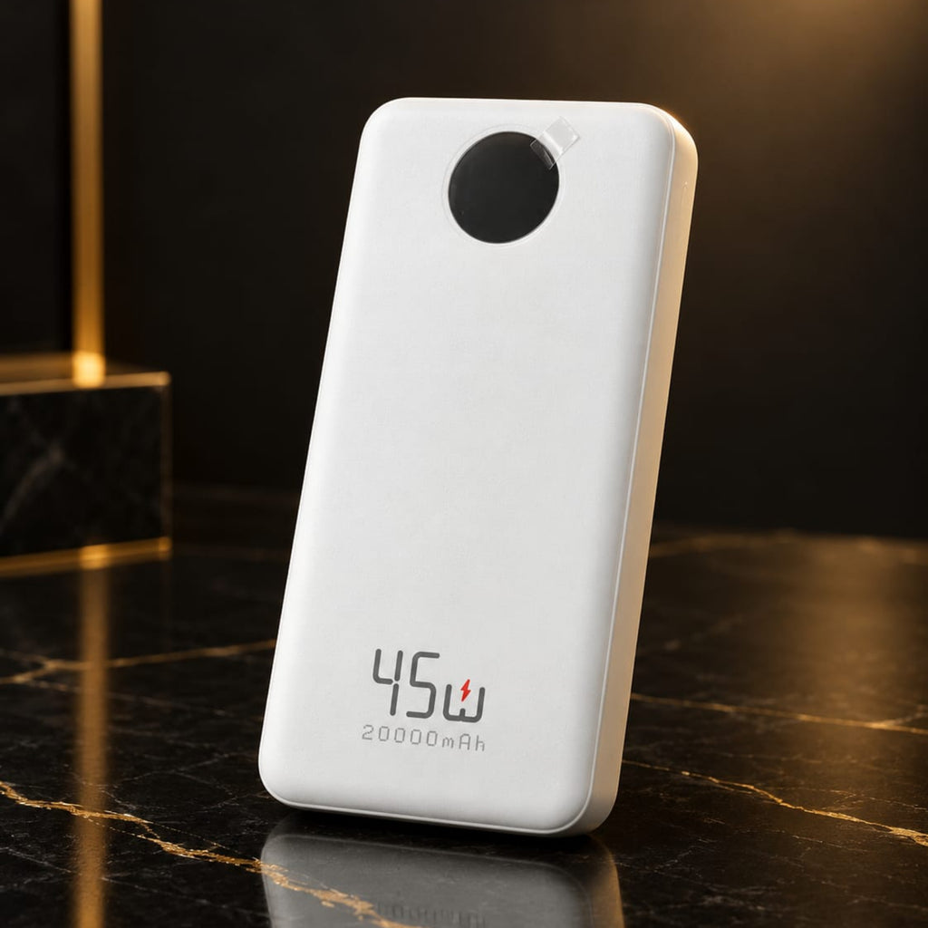 A white portable power bank with a circular camera lens cutout and '45W 20000mAh' printed on the front, standing on a dark marble surface.