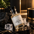A 50ml glass bottle of fragrance labeled 'Inspired By Hawas Ice' with a black cap, styled on a dark marble surface with ice cubes, a black rock, and warm ambient lighting.
