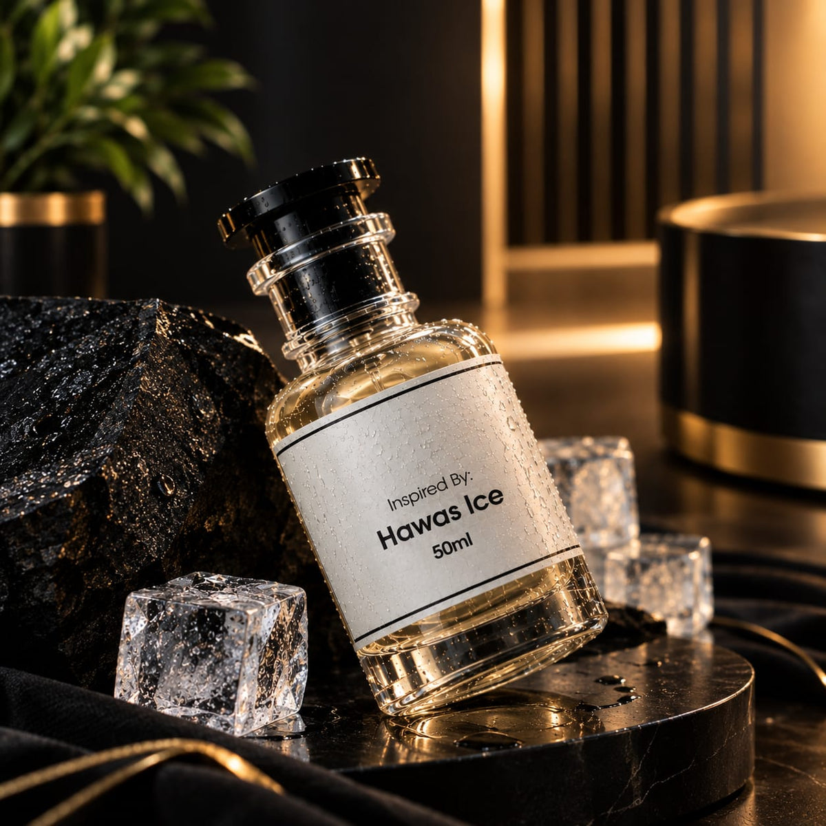 A 50ml glass bottle of fragrance labeled 'Inspired By Hawas Ice' with a black cap, styled on a dark marble surface with ice cubes, a black rock, and warm ambient lighting.