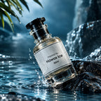 A 50ml glass perfume bottle labeled 'Inspired By: Hawas Ice' resting on dark rocks in splashing water, with blurred tropical leaves in the background.