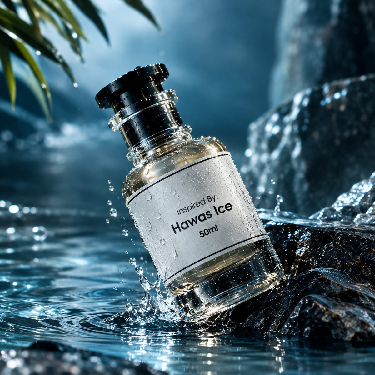 A 50ml glass perfume bottle labeled 'Inspired By: Hawas Ice' resting on dark rocks in splashing water, with blurred tropical leaves in the background.