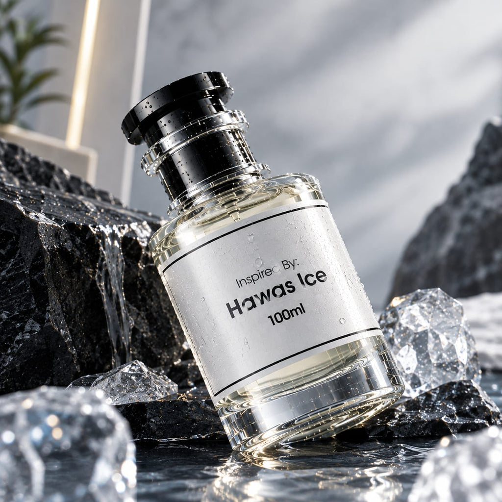 A 100ml glass perfume bottle labeled 'Inspire By: Hawas Ice' with a black cap, shown resting among dark rocks and clear ice cubes. The bottle is filled with a pale yellow liquid and photographed in a styled outdoor-like setting with water and stone.