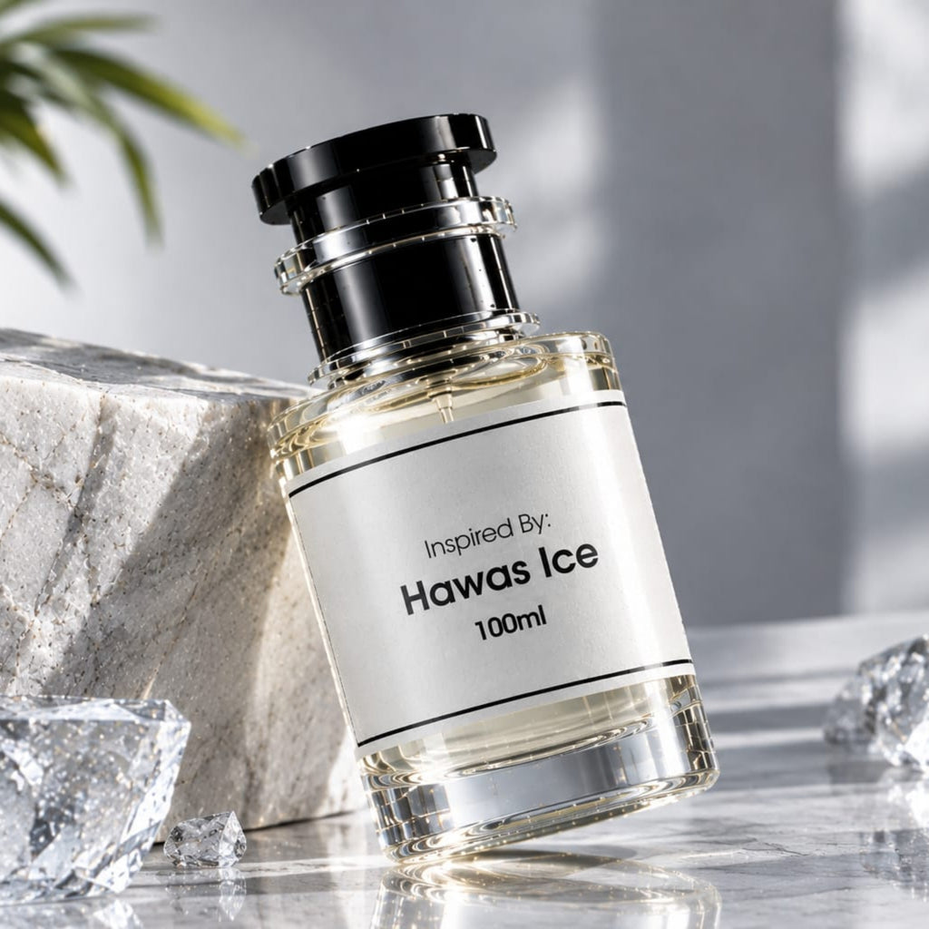 A 100ml glass perfume bottle labeled 'Inspired By Hawas Ice' with a black cap, styled on a marble surface with ice cubes and a stone block.