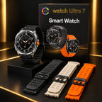 Three smart watches with black and orange straps are displayed in front of a black product box labeled 'watch Ultra 7 Smart Watch'. Four silicone watch straps in black, beige, and orange are laid out in front on a dark surface with warm gold lighting.