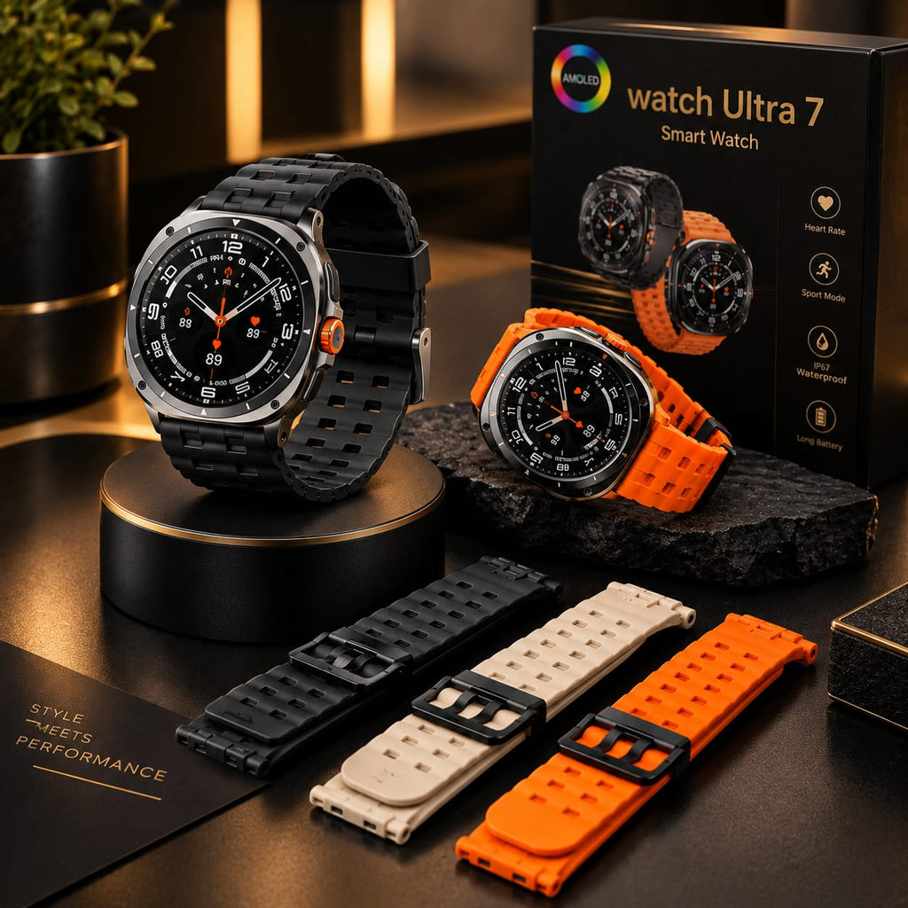 A smart watch displayed with multiple interchangeable straps in black and orange, alongside the product box labeled 'AMOK watch Ultra 7 Smart Watch'. The scene is styled on a dark tabletop with warm background lighting.