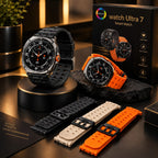 A smart watch displayed with multiple interchangeable straps in black and orange, alongside the product box labeled 'AMOK watch Ultra 7 Smart Watch'. The scene is styled on a dark tabletop with warm background lighting.