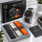 AMOLED watch Ultra 7 smart watch displayed with its black retail box, a white display stand, three interchangeable straps in black, white, and orange, and a user manual on a light marble surface.