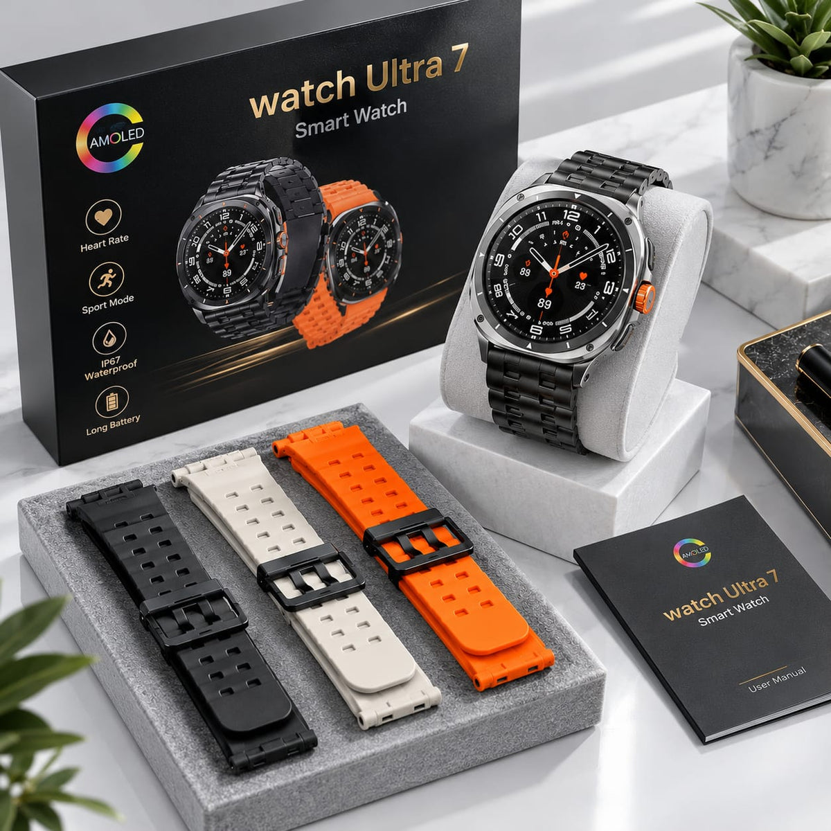 AMOLED watch Ultra 7 smart watch displayed with its black retail box, a white display stand, three interchangeable straps in black, white, and orange, and a user manual on a light marble surface.
