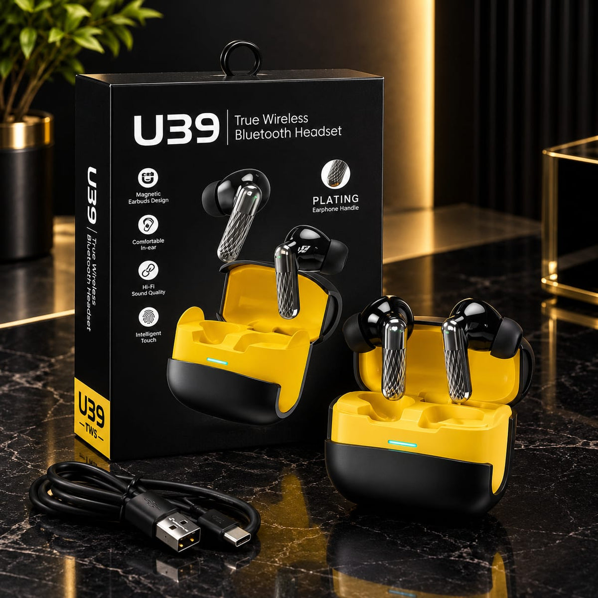 U39 True Wireless Bluetooth Earbuds – Black & Yellow Charging Case