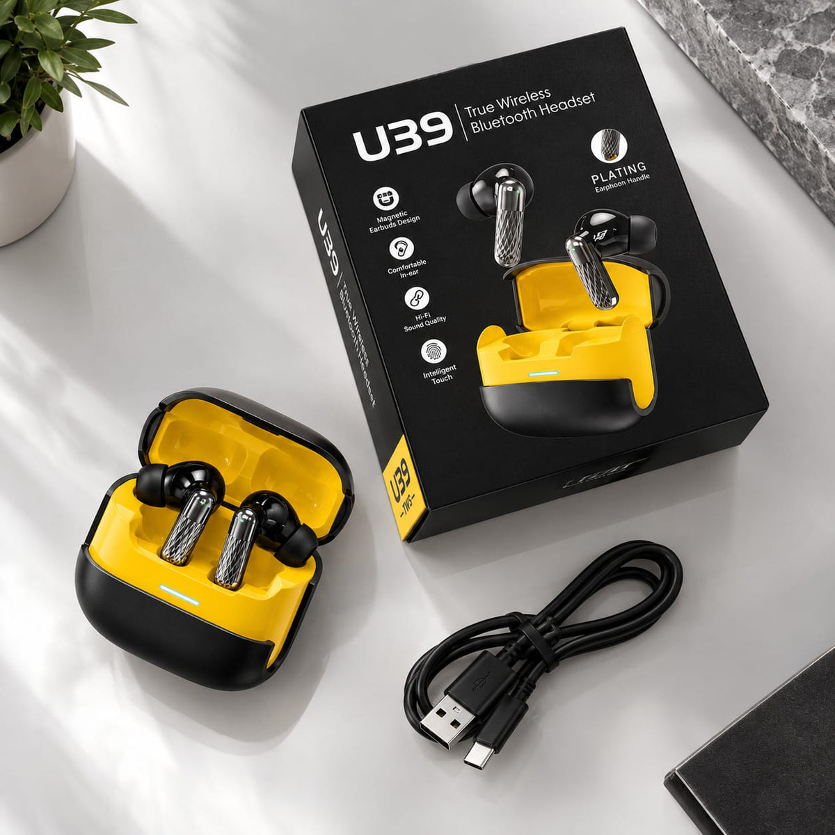 U39 True Wireless Bluetooth Earbuds – Black & Yellow Charging Case