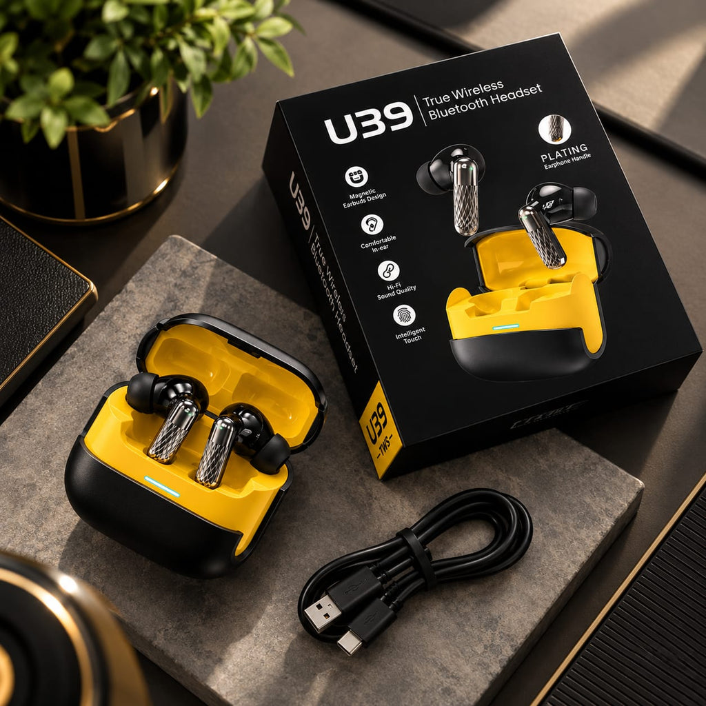 U39 True Wireless Bluetooth Earbuds – Black & Yellow Charging Case