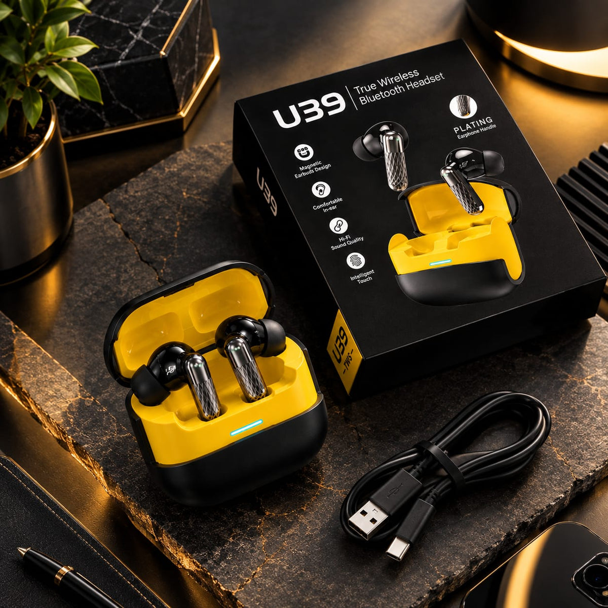 U39 True Wireless Bluetooth Earbuds – Black & Yellow Charging Case