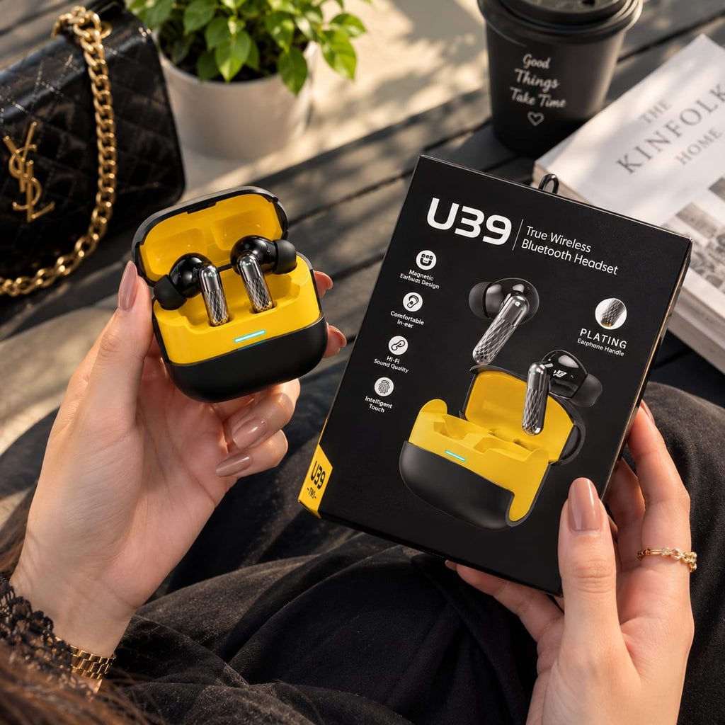 U39 True Wireless Bluetooth Earbuds – Black & Yellow Charging Case