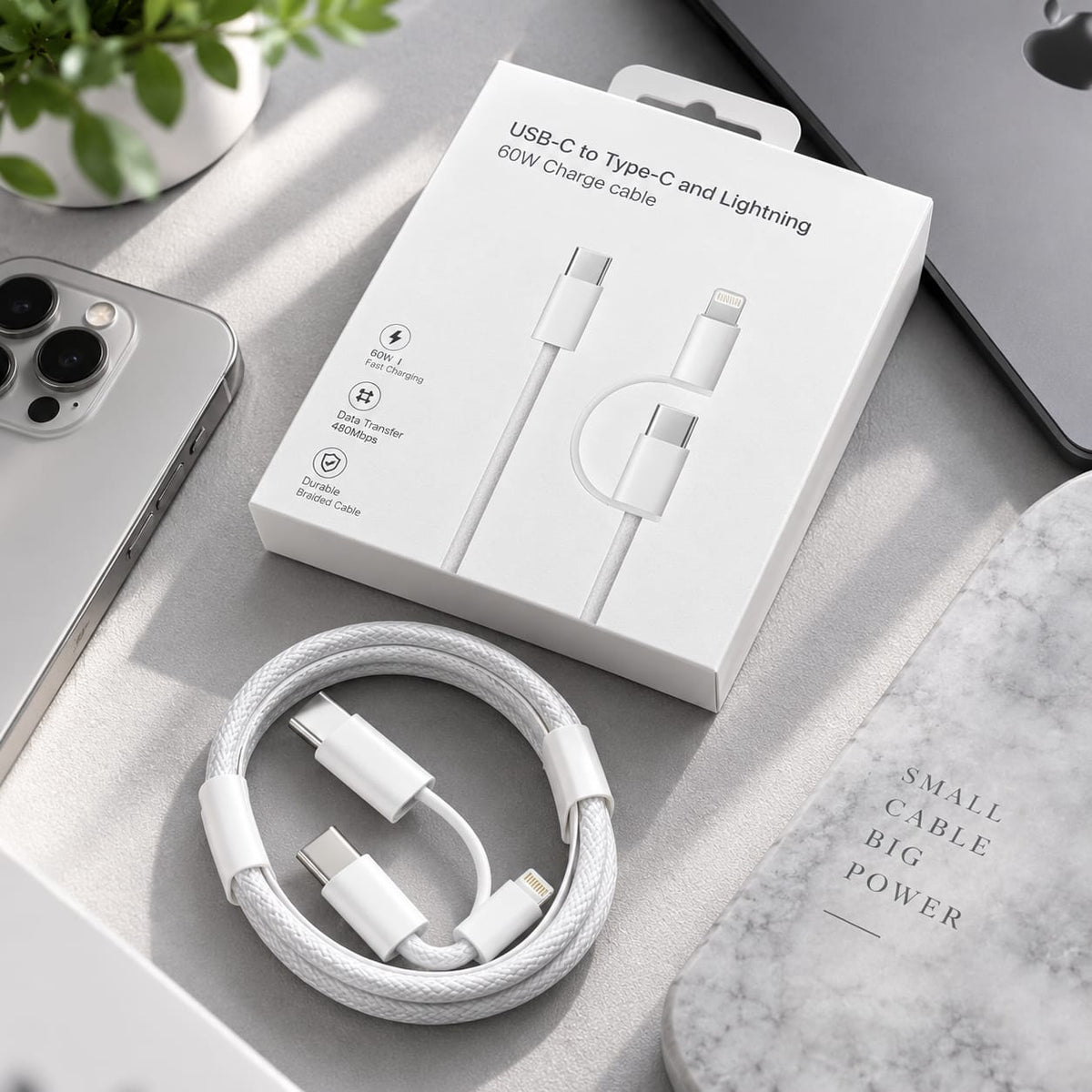 USB-C to Lightning & USB-C 60W Fast Charging Cable – White