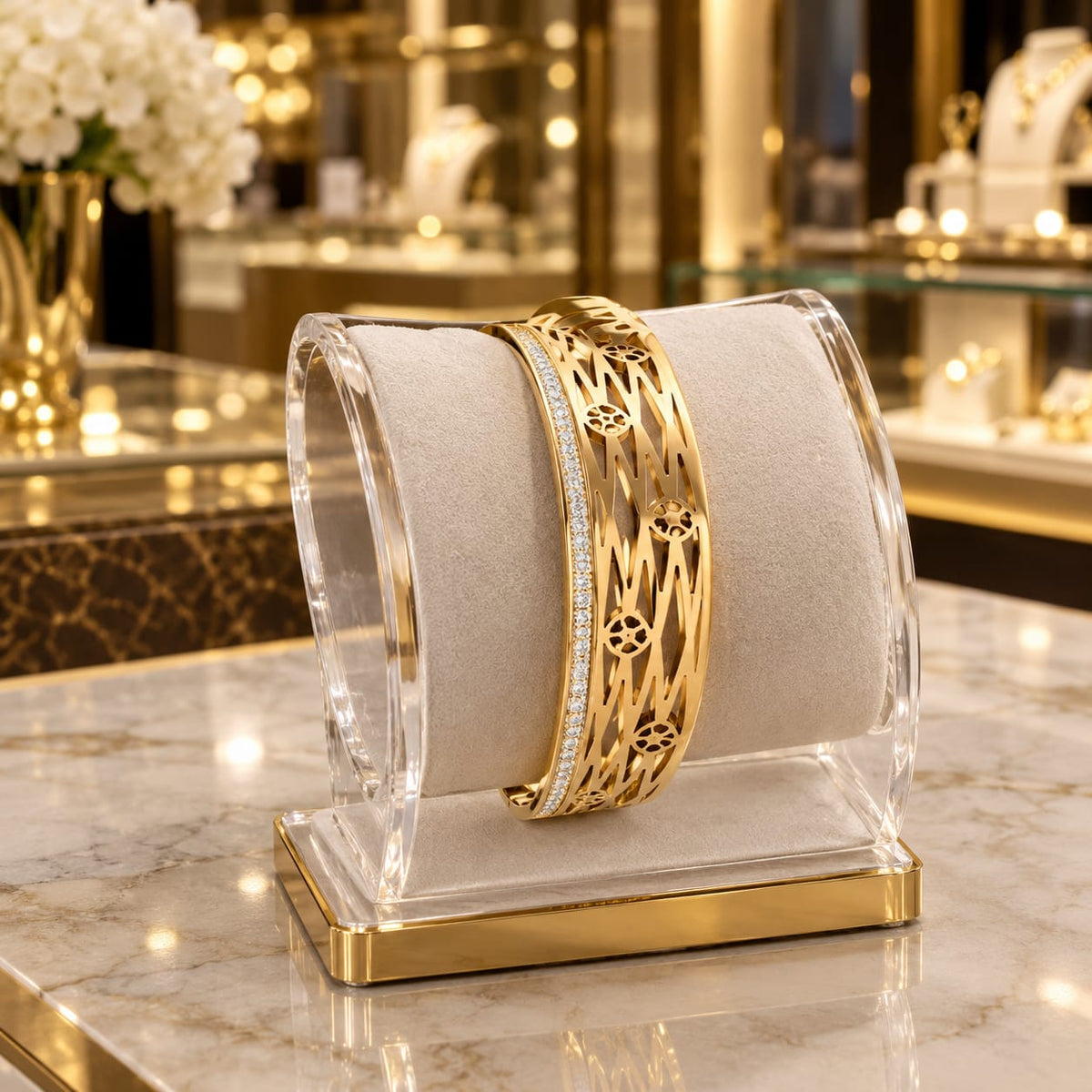 Golden Geometric Crystal Bangle Bracelet