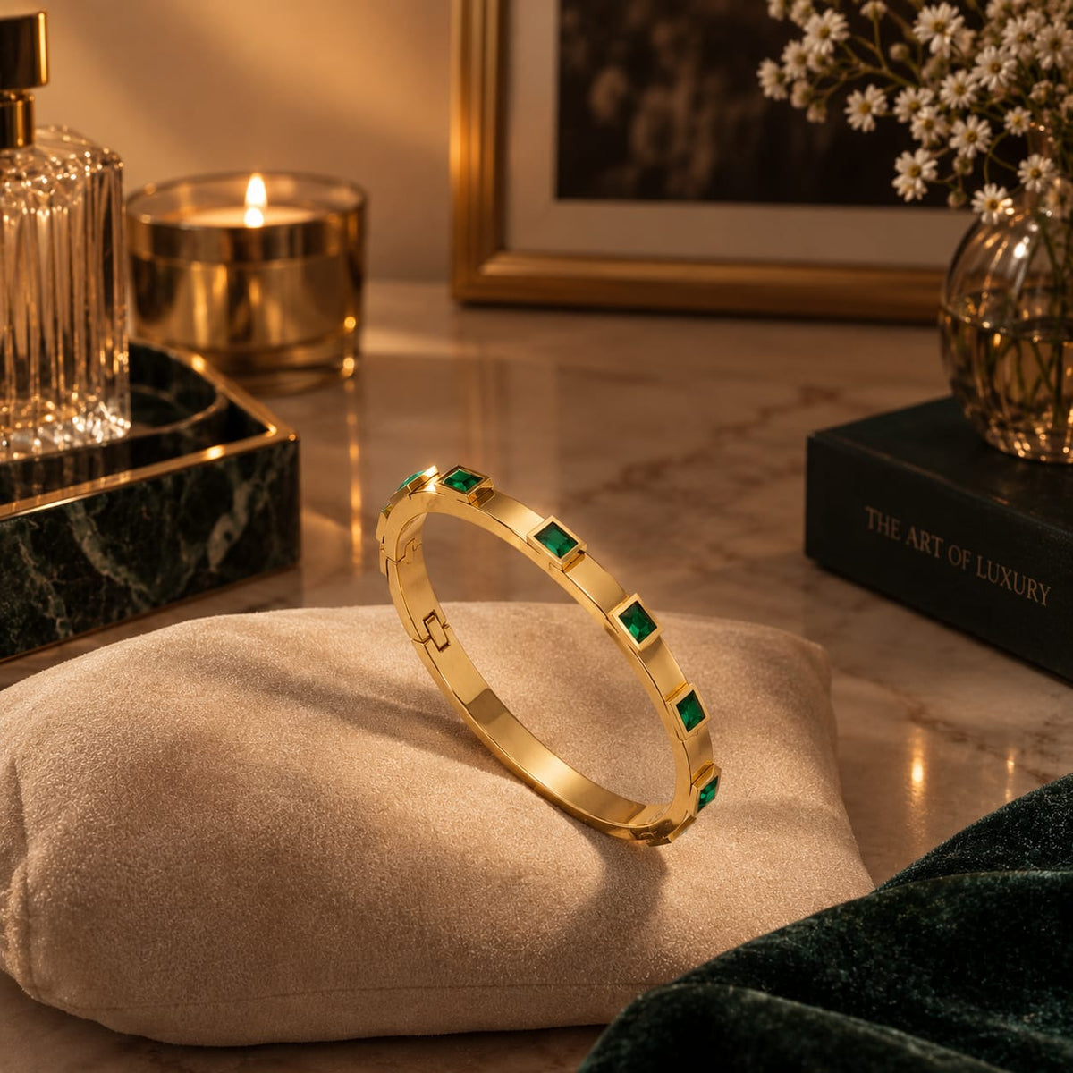 Golden Green Stone Bangle Bracelet – Elegant Design