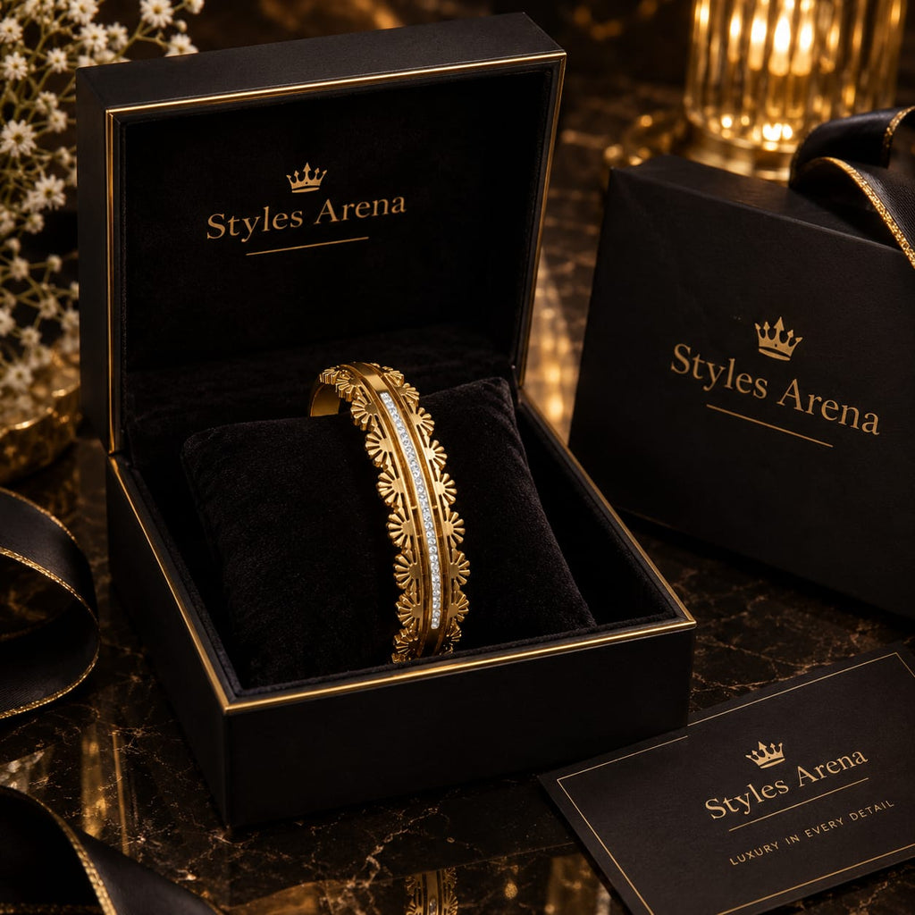 Golden Floral Bangle Bracelet with Crystal Detail