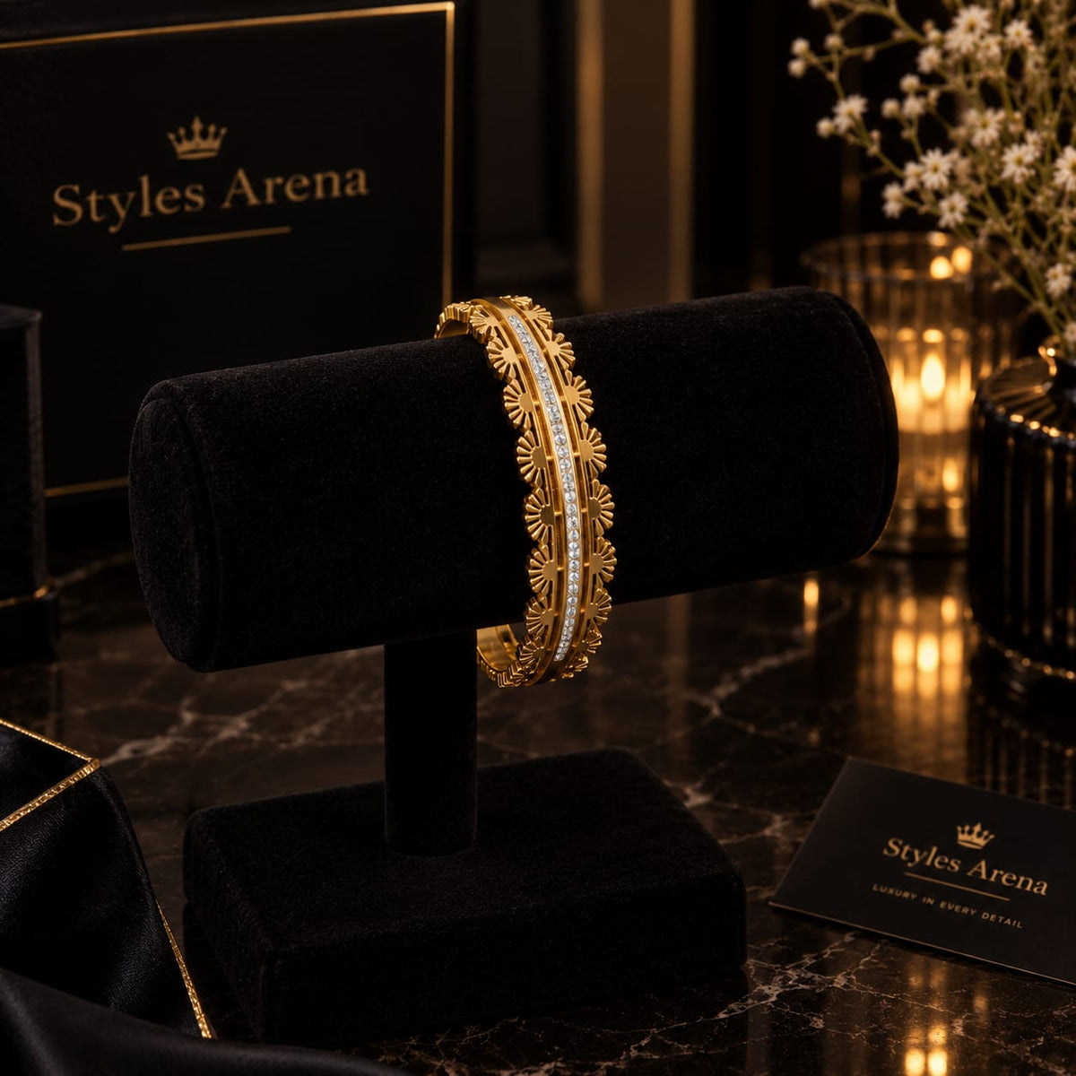 Golden Floral Bangle Bracelet with Crystal Detail