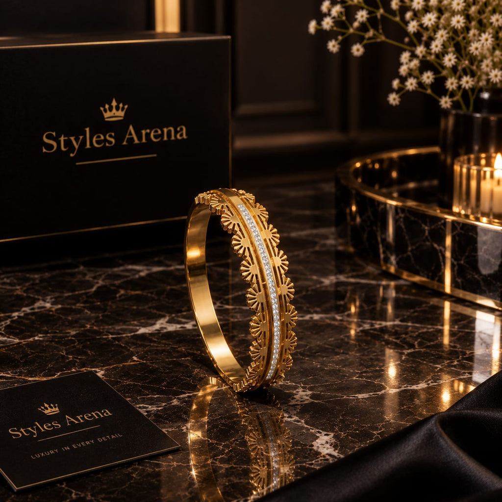 Golden Floral Bangle Bracelet with Crystal Detail