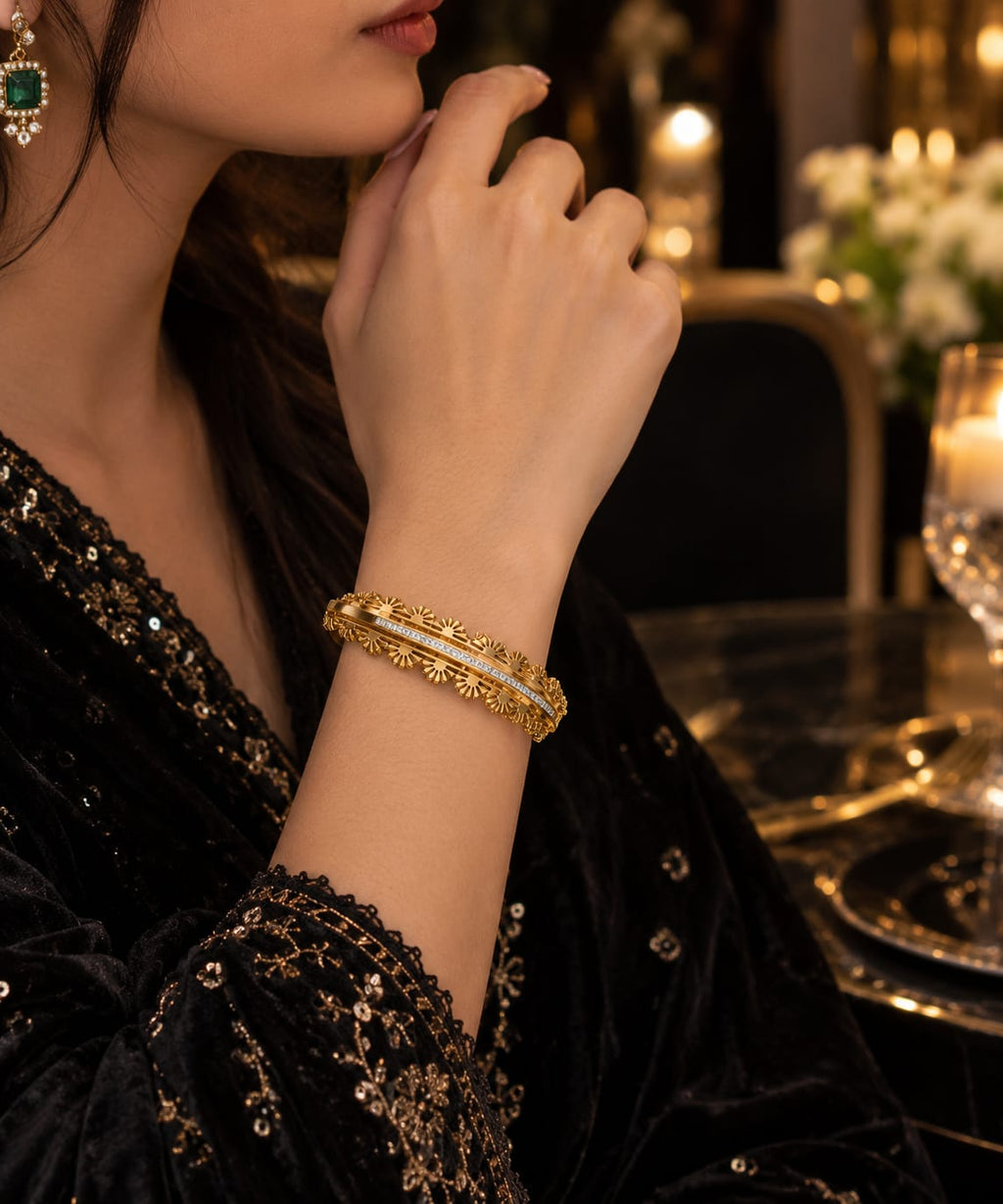 Golden Floral Bangle Bracelet with Crystal Detail