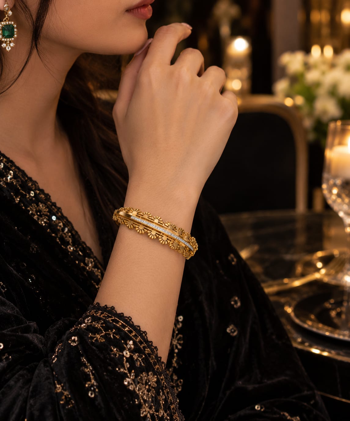 Golden Floral Bangle Bracelet with Crystal Detail
