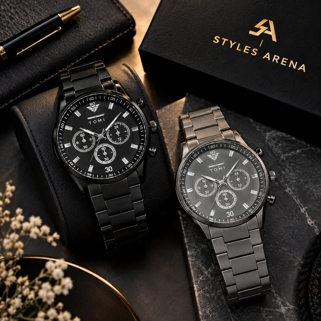 Chronograph-Style Analog Watch - Matte Black & Gray