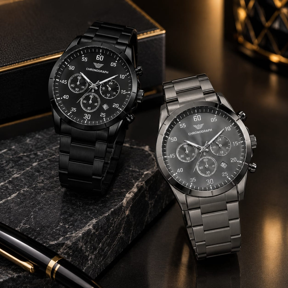 Chronograph-Style Analog Watch - Matte Black & Gray
