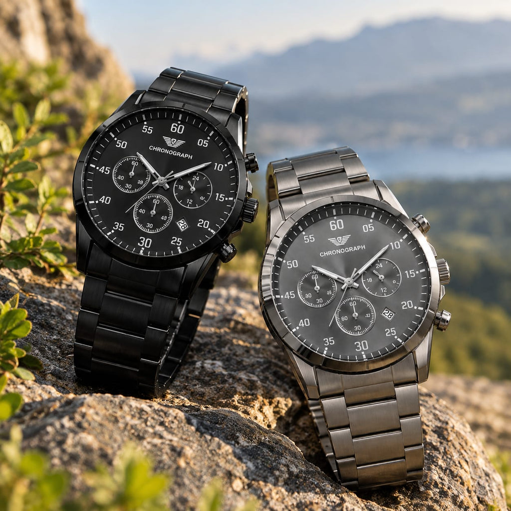 Chronograph-Style Analog Watch - Matte Black & Gray