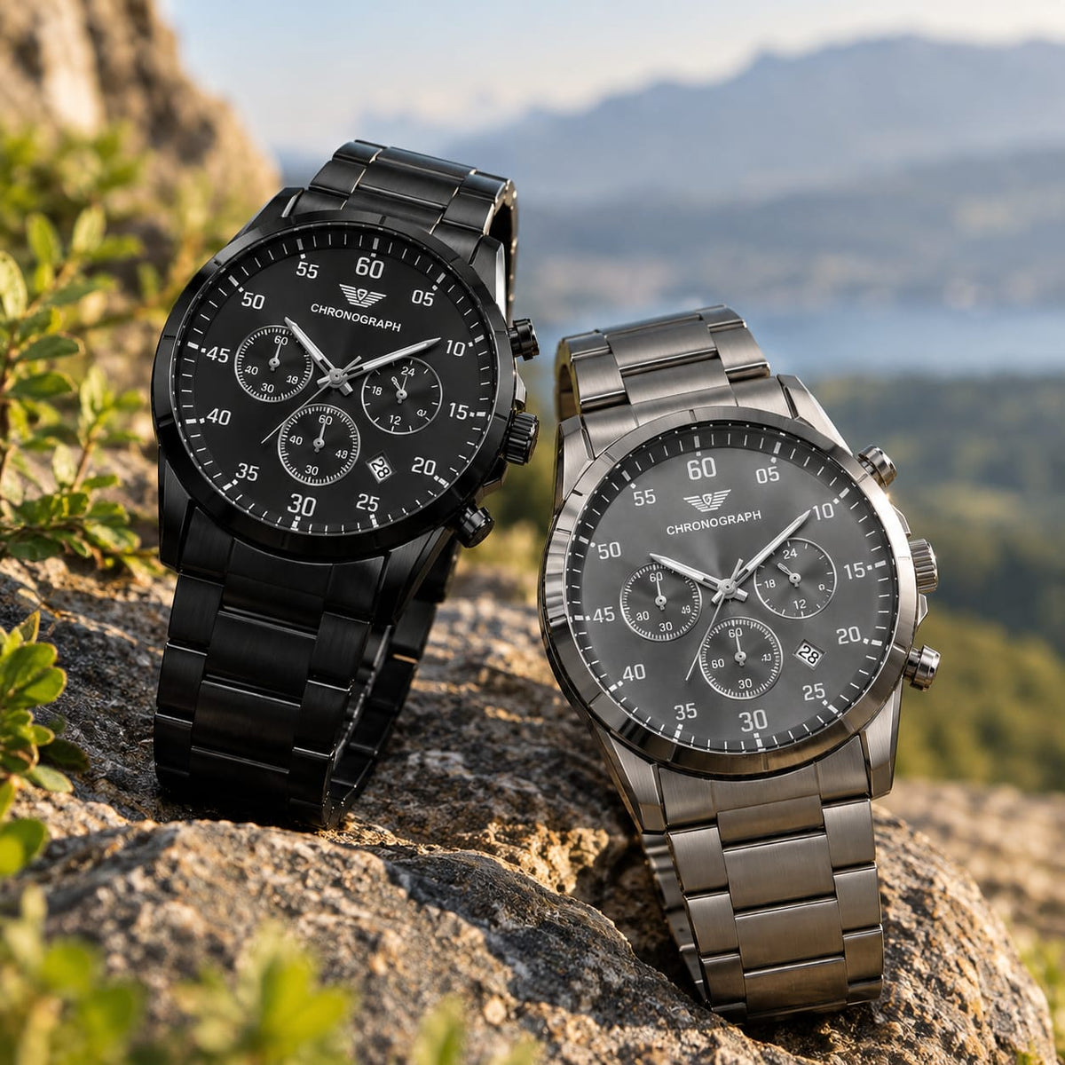 Chronograph-Style Analog Watch - Matte Black & Gray