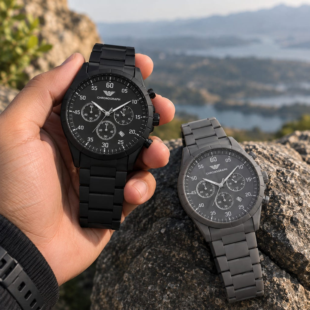 Chronograph-Style Analog Watch - Matte Black & Gray