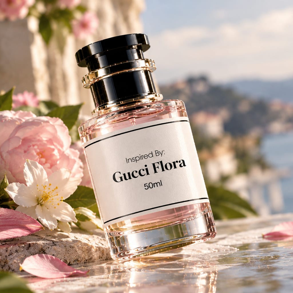 A 50ml bottle of Gucci Flora perfume, inspired by the fragrance, is displayed on a reflective stone surface next to pink and white flowers, with a scenic coastal background.