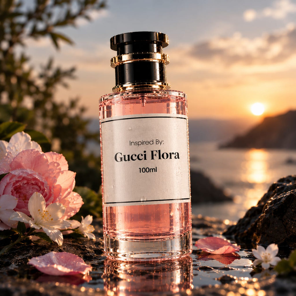 A 100ml bottle of pink perfume with a black cap and white label reading 'Inspired By: Gucci Flora' is placed outdoors on a reflective surface with pink flowers and a sunset seascape background.