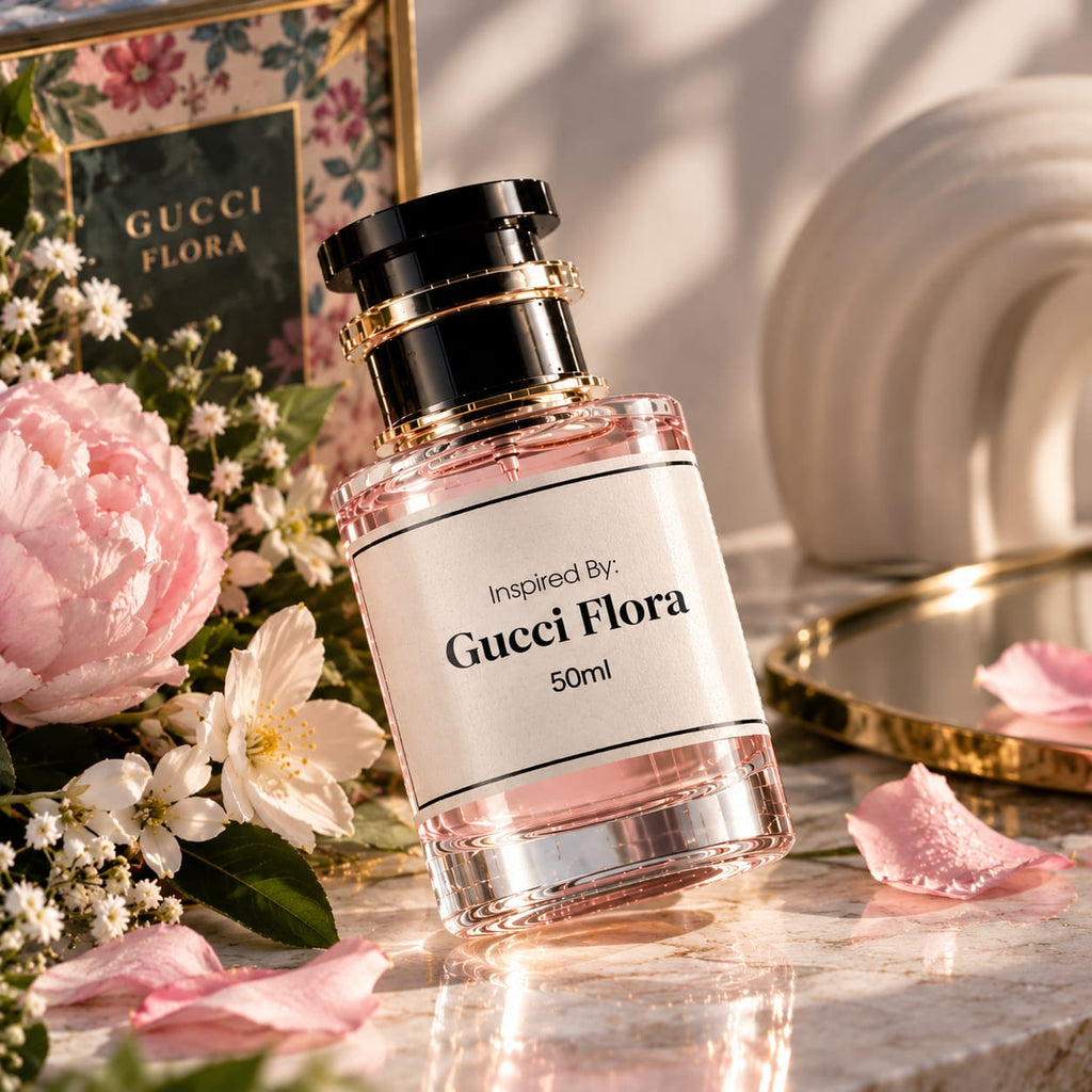 A 50ml bottle of Gucci Flora perfume with a black cap and gold accents, set on a marble surface surrounded by pink peonies, white flowers, and soft sunlight.