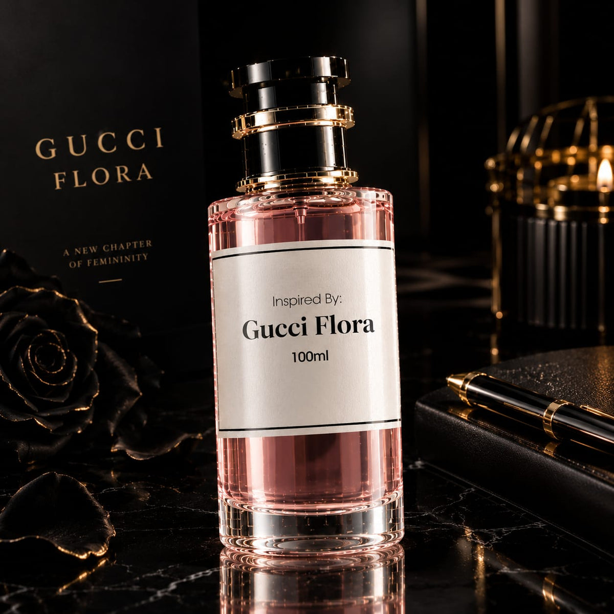 A 100ml bottle of Gucci Flora perfume with pink liquid, a white label, and a black cap, displayed on a dark marble surface with a black Gucci Flora box, a black rose, and a gold pen in the background.