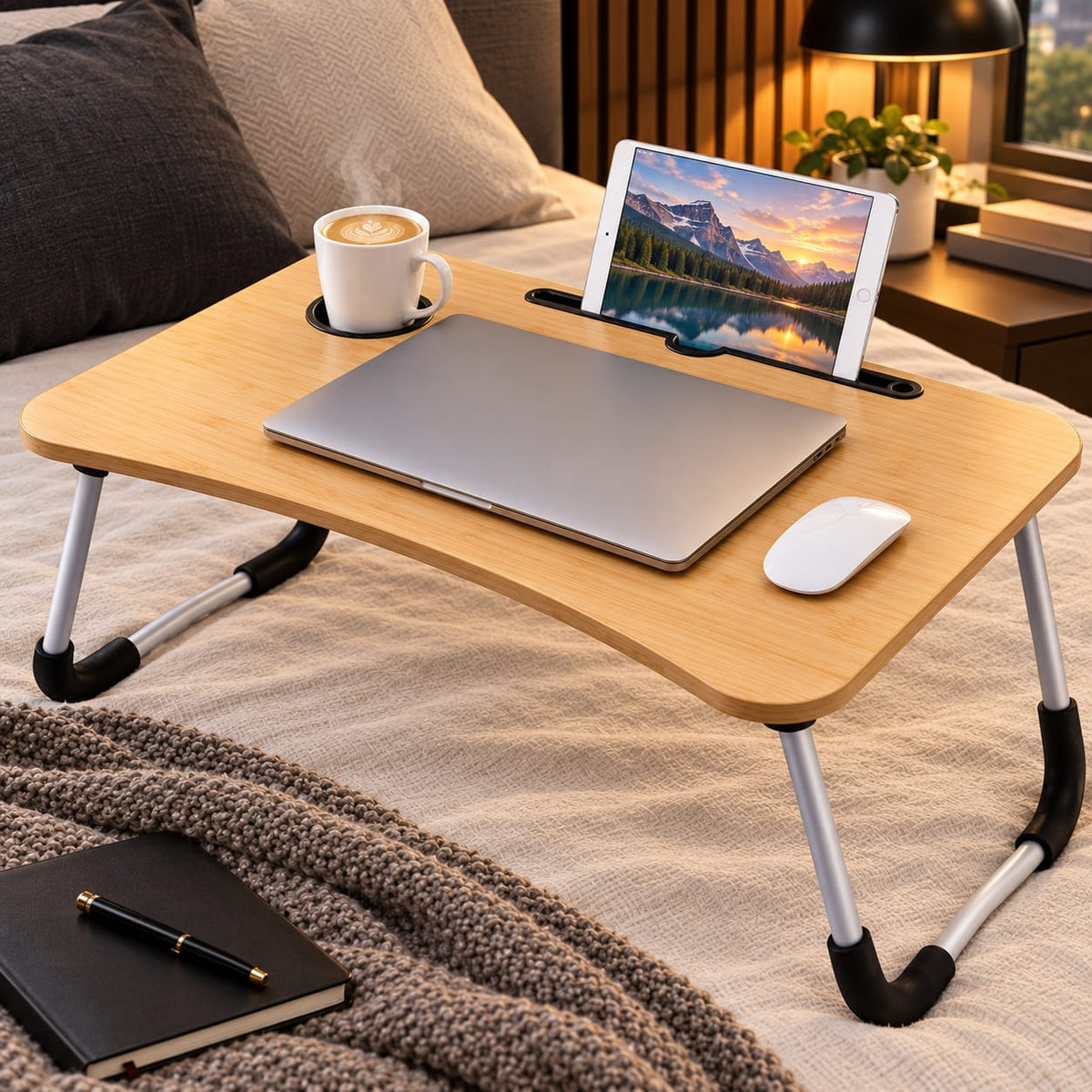Foldable Laptop Table with Tablet Holder & Cup Slot | Beige Multi-Purpose Desk for Work, Study & Meals