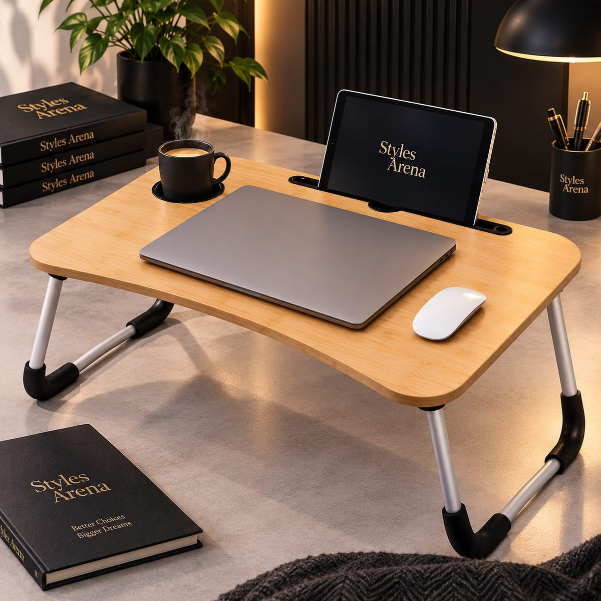 Foldable Laptop Table with Tablet Holder & Cup Slot | Beige Multi-Purpose Desk for Work, Study & Meals