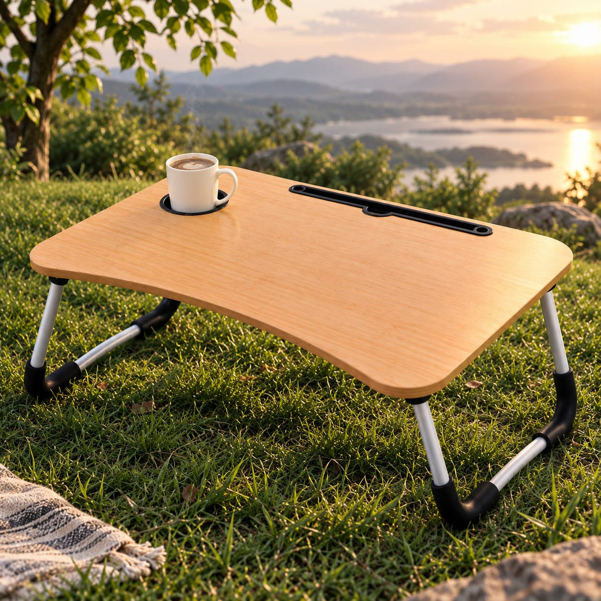 Foldable Laptop Table with Tablet Holder & Cup Slot | Beige Multi-Purpose Desk for Work, Study & Meals