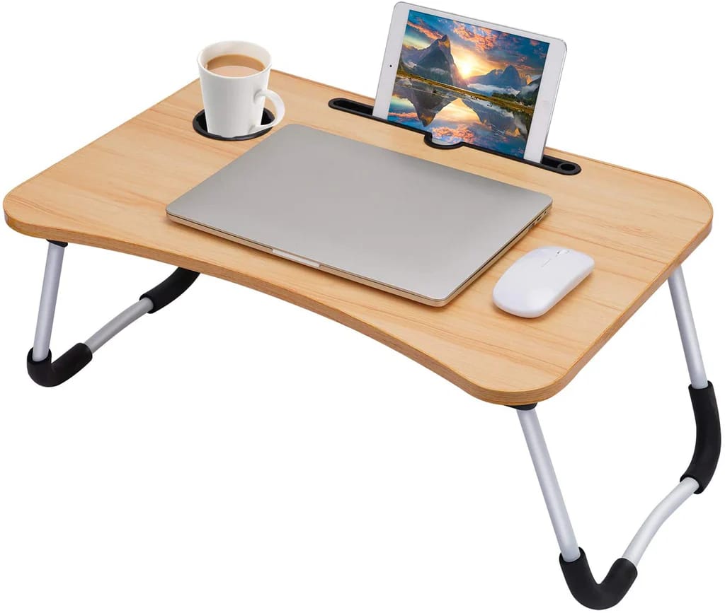 Foldable Laptop Table with Tablet Holder & Cup Slot | Beige Multi-Purpose Desk for Work, Study & Meals