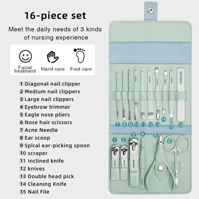 16-Piece Stainless Steel Manicure & Pedicure Set | Portable Grooming Kit with Leather Case